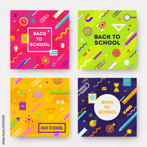 Vector set - colorful abstract backgrounds with school object and supplies.