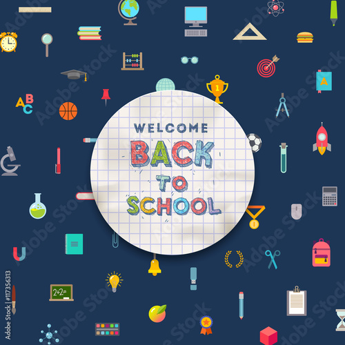 Welcome back to school  - greeting paper banner on a background with school objects and supplies