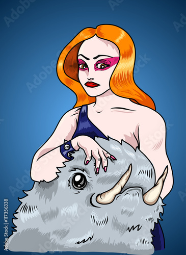 A punk redhead girl caressing her hairy monster pet