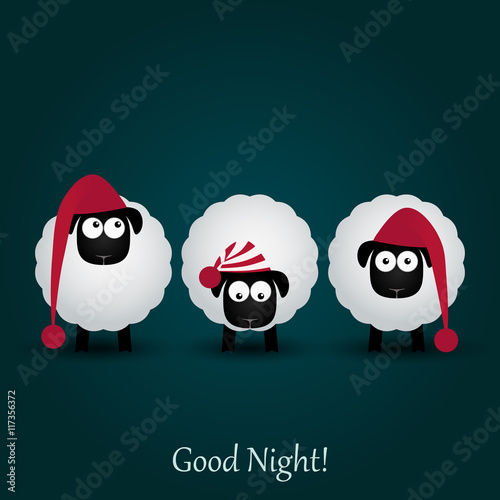 Three cute cartoon sheeps in funny hats. Good night.