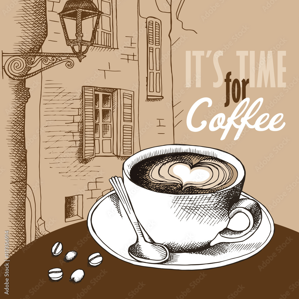 Poster with picture of a cup coffee on beige european landscape background. Vector illustration.