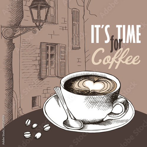 Poster with picture of a cup coffee on cocoa color european landscape background. Vector illustration.