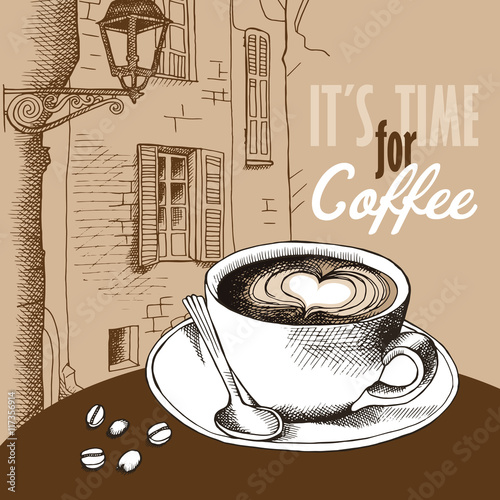 Poster with picture of a cup coffee on beige european landscape background. Vector illustration.