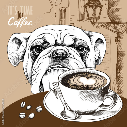 Poster with picture of a cup coffee and dog portrait on beige european landscape background. Vector illustration.