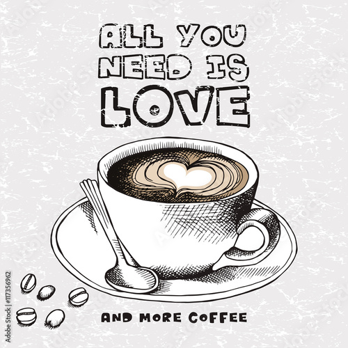 Poster with picture a cup of coffee on a saucer with spoon on gray background. Vector illustration.