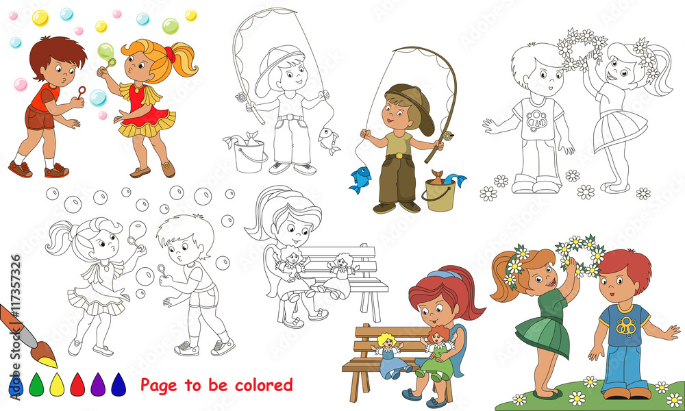 Kid summer playing cartoon. Page to be colored. Kid summer playing cartoon. Page to be colored.