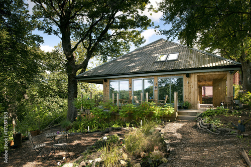 Rear garden of timber bungalow in woodland setting