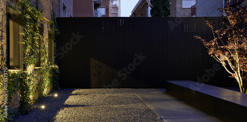 Exterior of building with foliage on the walls and dim lighting.