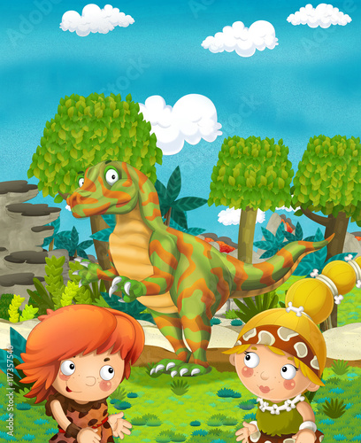 Fototapeta Naklejka Na Ścianę i Meble -  Cartoon happy dinosaur - happy pair of people - illustration for children