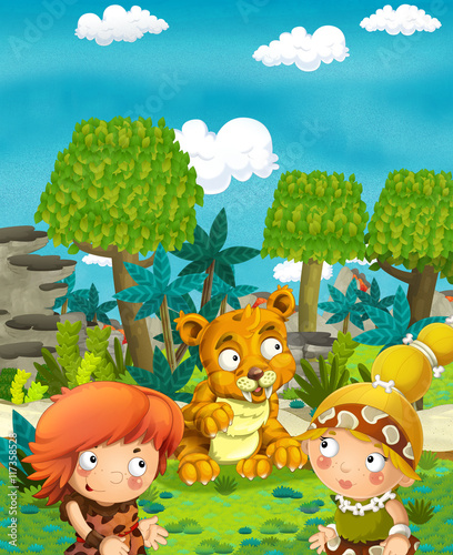 Cartoon happy sabre tooth - happy pair of people - illustration for children