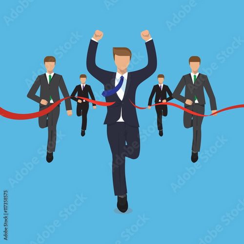 Bussiness concept, man is victoriously running ahead of his rivals