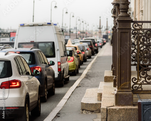 traffic jams in the city on cloudy day