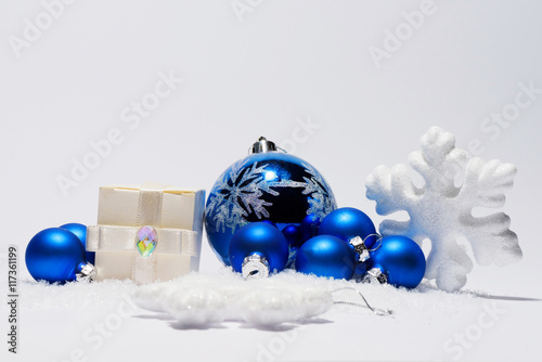 Merry Christmas trendy shinny decorations in blue color composition