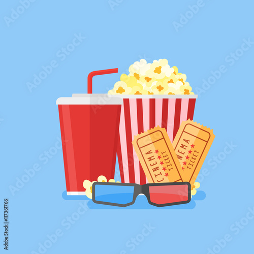 Movie poster template. Popcorn, soda takeaway, 3d cinema glasses and tickets. Cinema design in flat style, Vector illustration.
