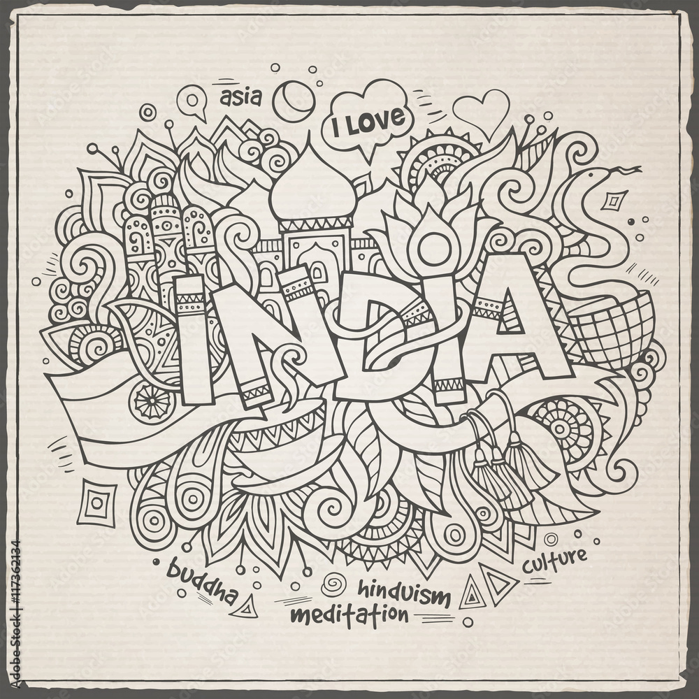 India hand lettering and doodles elements background