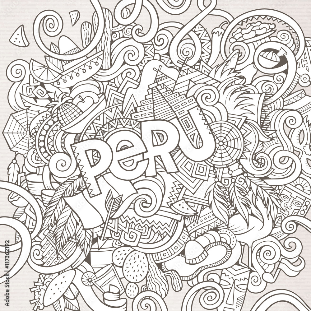 Fototapeta premium Peru hand lettering and doodles elements background