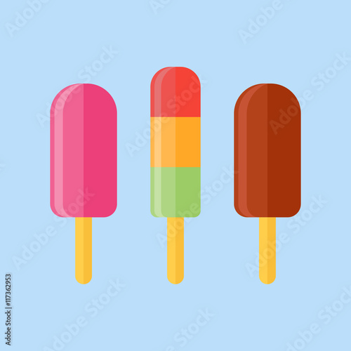 Set of ice cream. Ice lolly isolated on blue background. Flat style vector illustration.