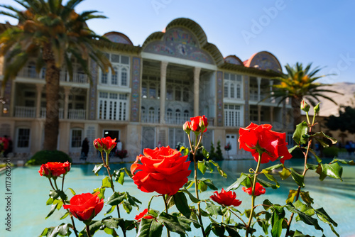 Qavam House at Eram garden with red roses in Shiraz.Iran