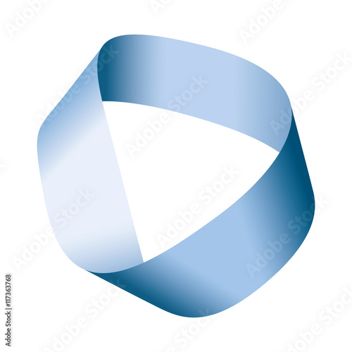 Blue Moebius strip or Moebius band.  Surface with only one side and one boundary. Mathematical non orientable. Take a paper strip and give it a half twist, then join the strip ends to form the loop. photo