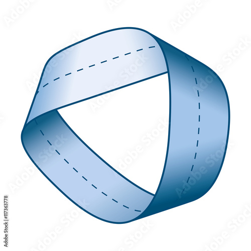 Blue Moebius strip or Moebius band with centerline. Surface with only one side and one boundary. Take a paper strip and give it a half twist, then join the strip ends to form the loop.