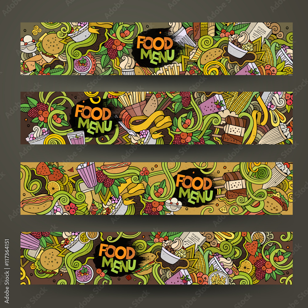 Vector hand drawn doodles food banners design templates