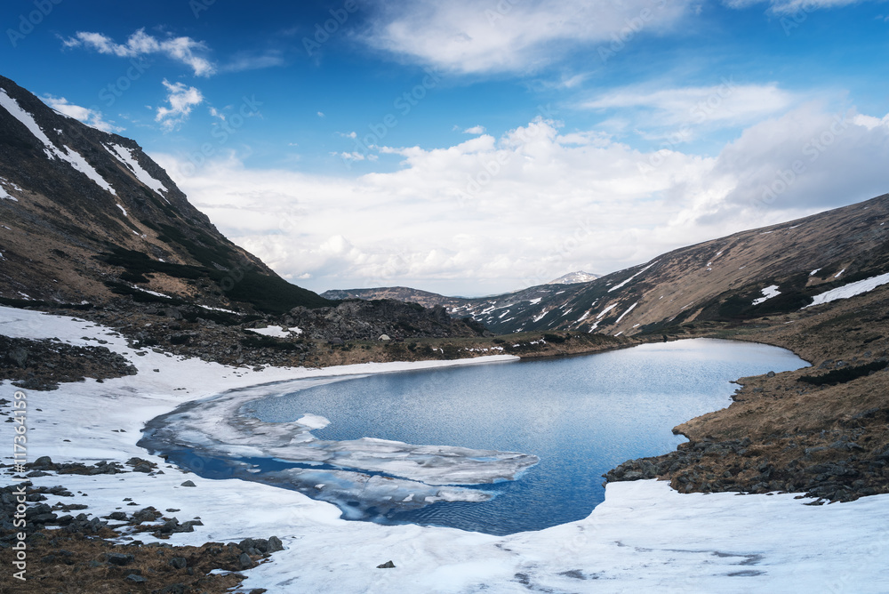 Mountain lake with ice and snow in spring
