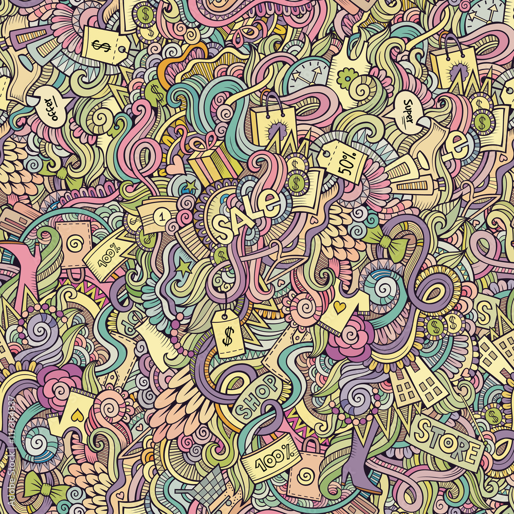 doodles hand drawn sale shopping seamless pattern