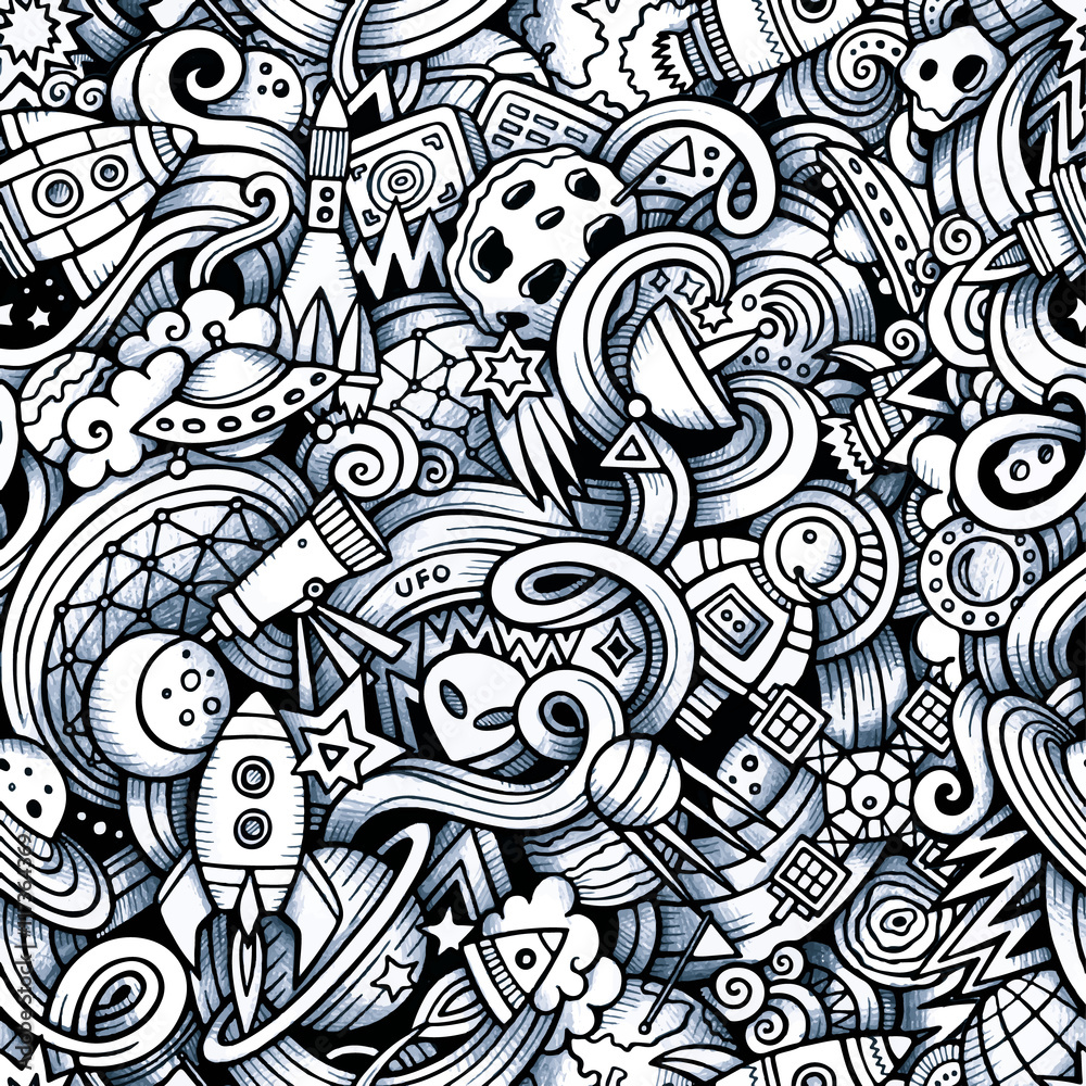 Cartoon hand-drawn doodles on the subject of space pattern