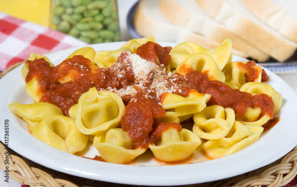Tortellini with Marinara Sauce A plate of tortellini and marinara