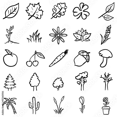 Vector Set of Black Doodle Plants Icons