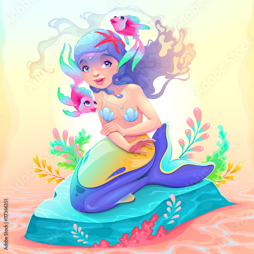 Young mermaid with a couple of fish around her