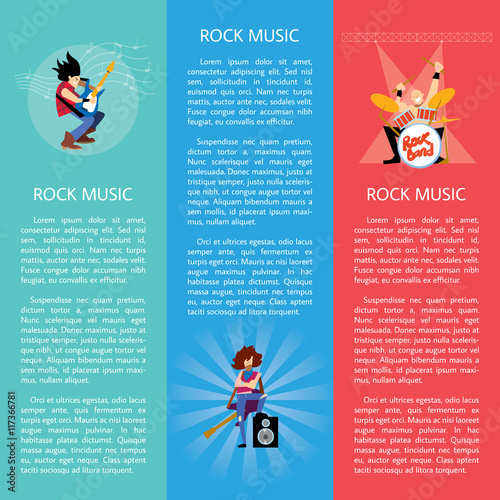 Set of templates of banners with rock musicians playing different instruments with space for text vector illustration