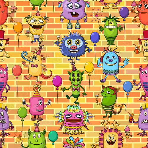 Seamless Background for Your Holiday Party Design with Different Cartoon Monsters on Brick Wall, Colorful Tile Pattern with Cute Funny Characters, Feasting and Dancing. Vector