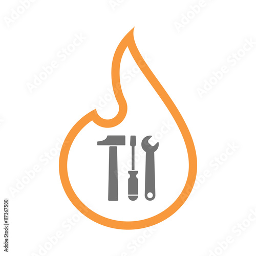 Isolated line art flame icon with a tool set