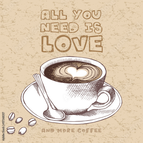 Poster with picture a cup of coffee on a saucer with spoon on beige background. Vector illustration.