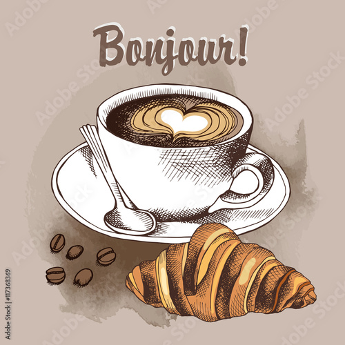 Image a cup of coffee and bakery product croissant. Vector illustration.