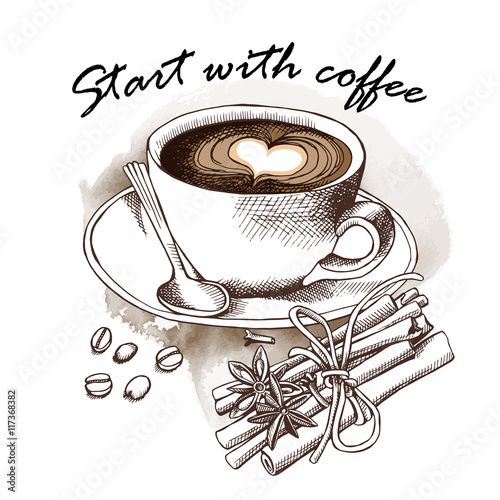 Cup of coffee with spice. Vector illustration.