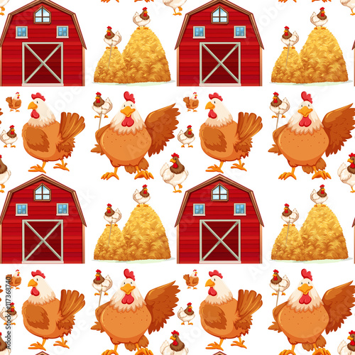 Seamless background with barn and chickens