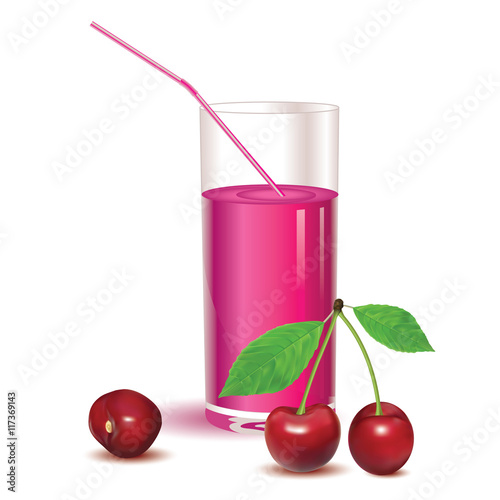 glass for juice from ripe red berries cherries with leaves isolated on a white background