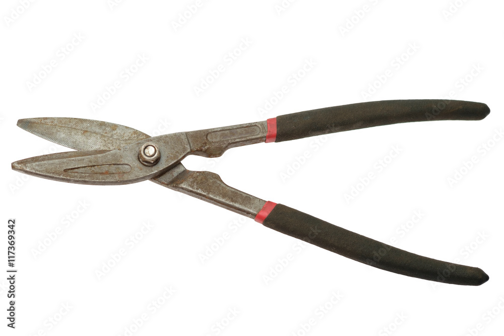 Old shears for cutting sheet metal isolated on white Old shears for cutting sheet metal isolated on white