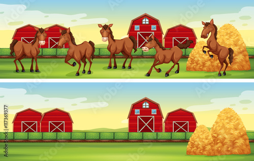 Farm scenes with horses and barns