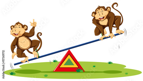 Two monkeys playing on seesaw