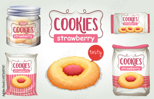 Foto Set of strawberry cookies in different packages