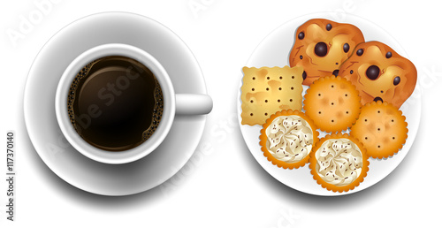 Hot coffee and cookies on plate