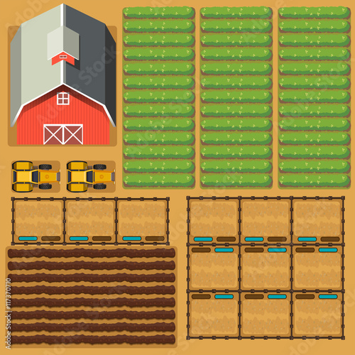 Aerial scene of farmland with barn and crops