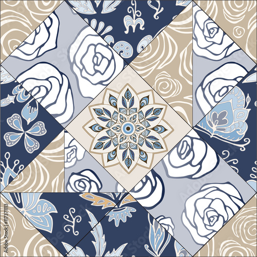 abstract seamless patcwork tile with floral ornament.arabic or o