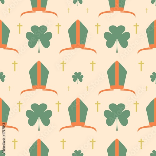 St. Patrick's Day greeting card template. Bishop mitre with shamrock. Vector illustration. Seamless backdrop