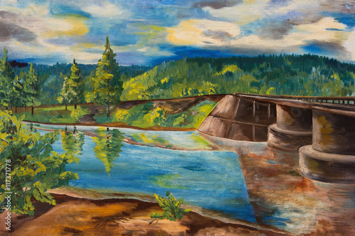 Oil painting. Landscape with forest river and bridge