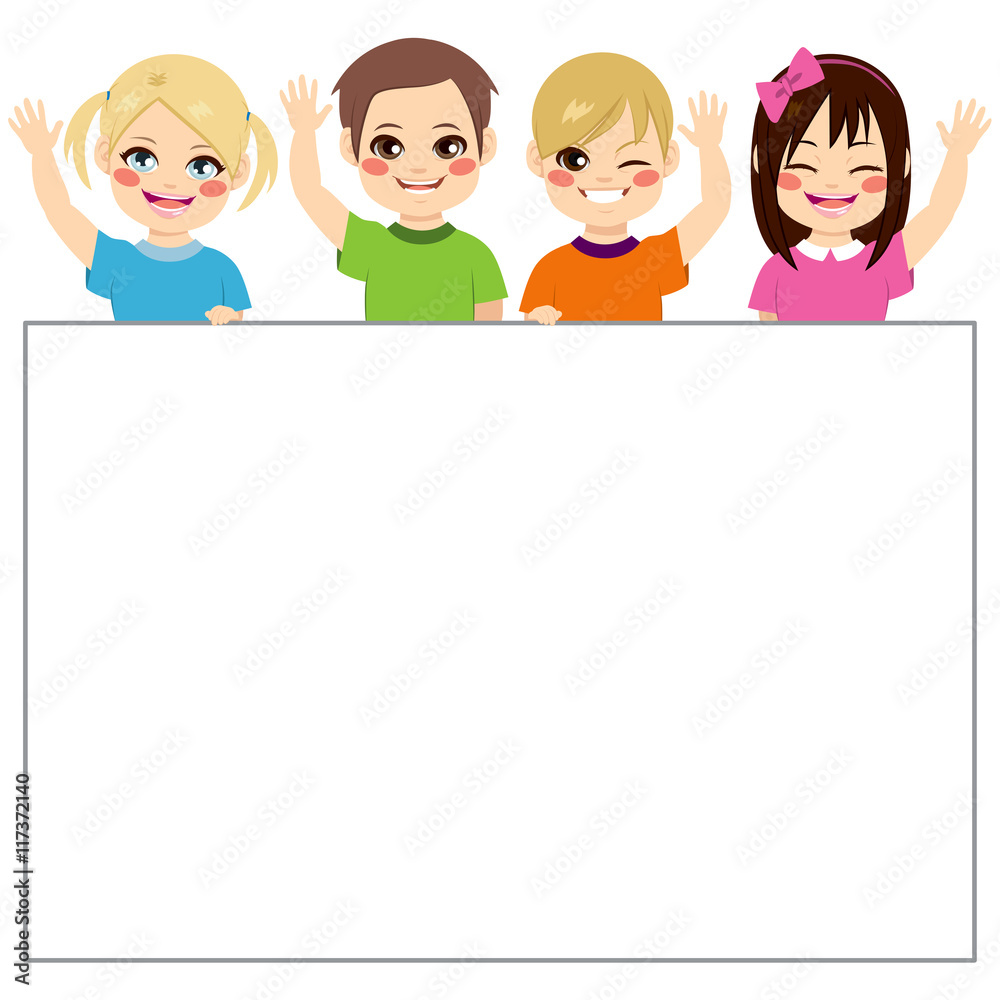 Four young children with white banner waving hand saluting Four young children with white banner waving hand saluting