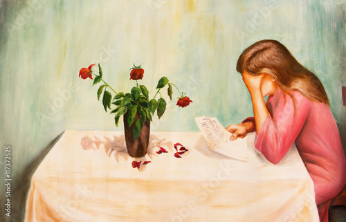 Cuadro en lienzo Lonely sad woman reading a letter. Oil painting